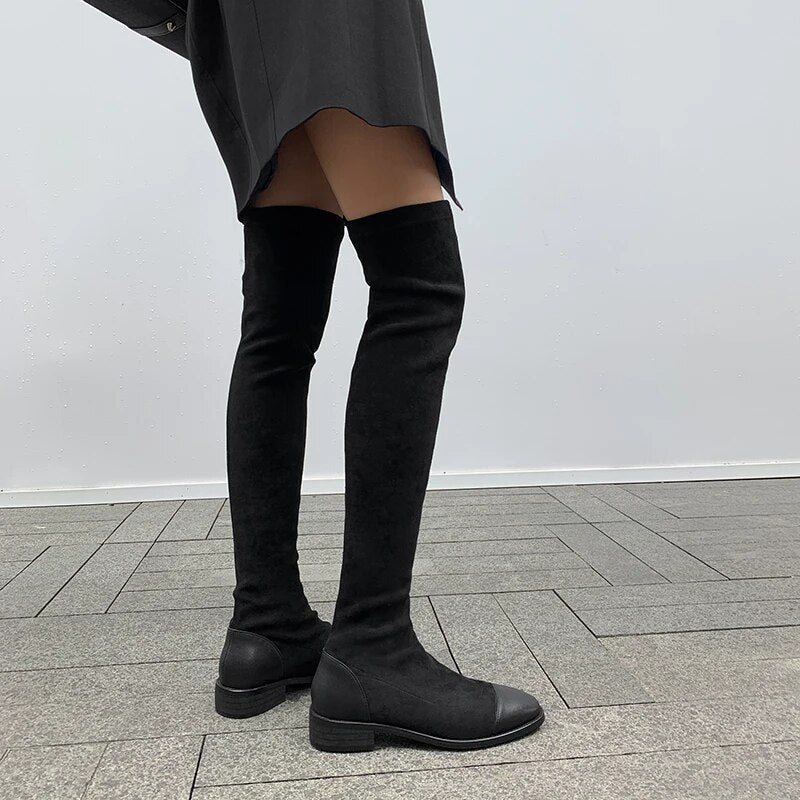 Genuine leather Women low Heels Over The Knee High Boots Party Shoes Woman Tight High Warm Winter Snow Boots Long Shoes