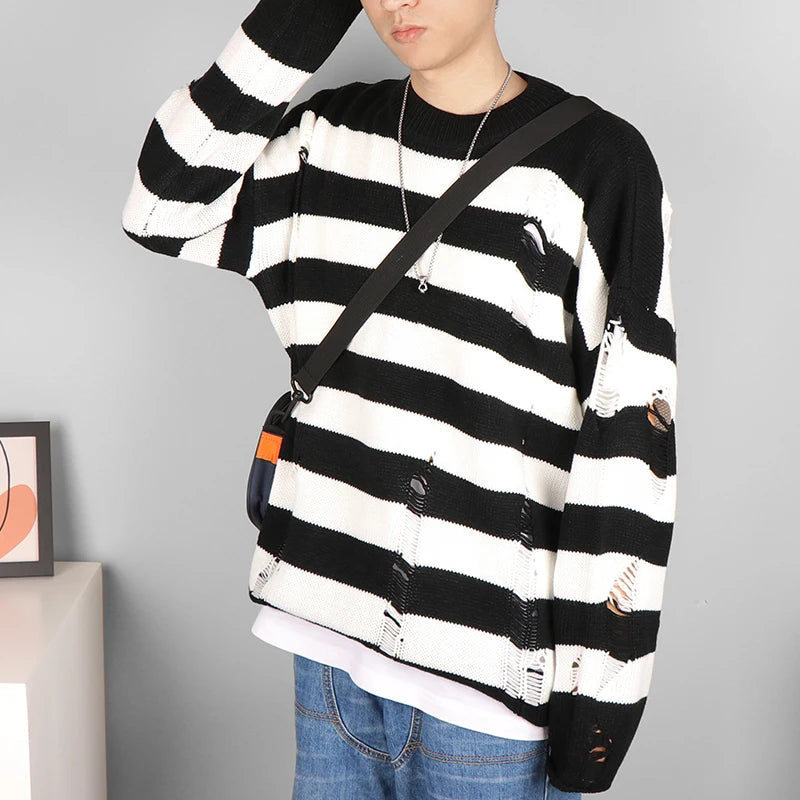 Black Stripe Sweaters Destroyed Ripped Sweater Men Pullover Hole Knit Jumpers Men
