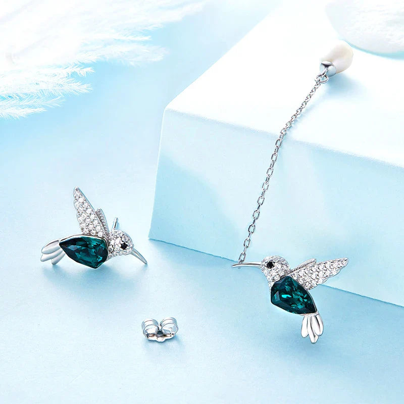 S925 Sterling Silver Hummingbird Freshwater Pearl Earrings Green Austrian Crystals Cute Animal Jewelry Gifts for Women Girls