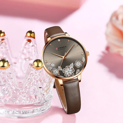 CURREN Watches Women Brand Leather Quartz Wristwatches Luxury Design Clock for Ladies Charm Flowers Dial with box