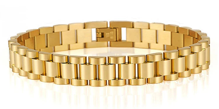 10MM Watchband Style Men's Bracelets For Women Man Ladies Gold Color Stainless Steel Mannen Armband Male Jewelry Accessories New