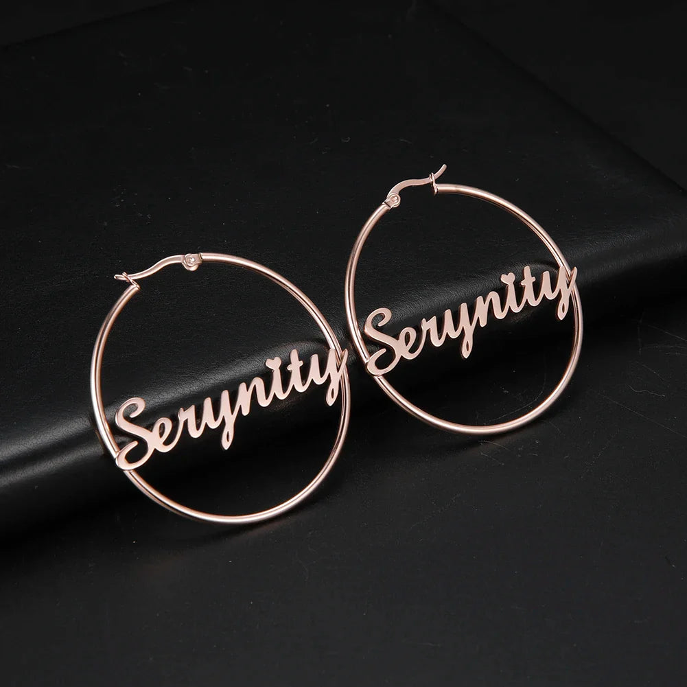 Sipuris Stainless Steel Personalized Customize Name Hoop Earrings Jewelry For Women Girls Circle Earring Fashion 30-60 MM