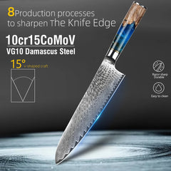 Kitchen Knives-Set Damascus Steel VG10 Chef Knife Cleaver Paring Bread Knife Blue