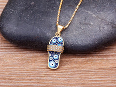 Pave CZ Rhinestone Enamel Slipper Pendant For Women Blue Evil Eye Necklace