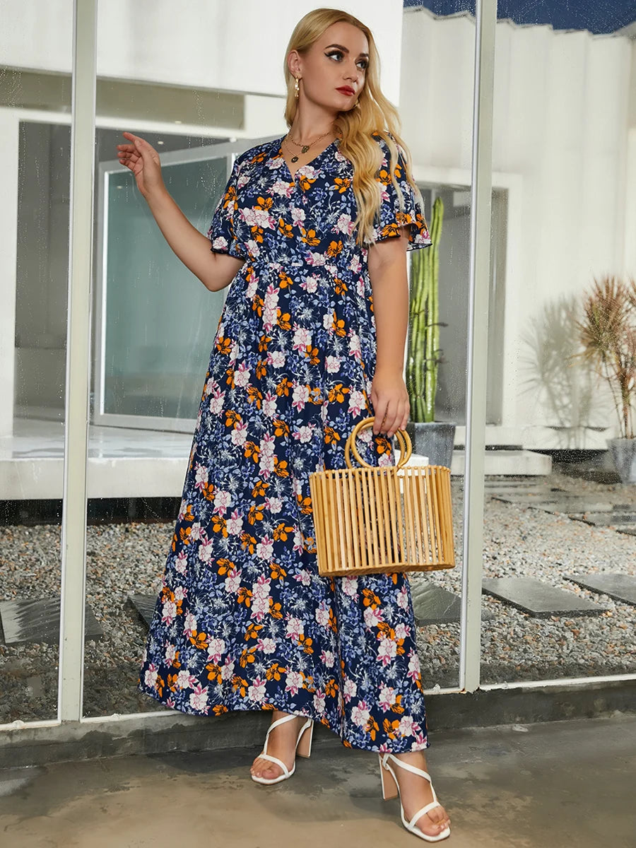 Plus Size Floral Dress Women 2024 Summer V Neck Short Sleeve Flower Print Casual Dress High Waist Boho Beach Maxi Long Dresses