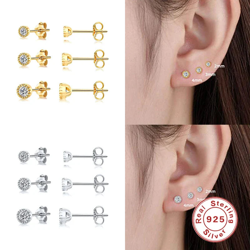 CANNER 3pcs/set Bling Zircon Earring 925 Sterling Silver Cute Mini Heart Star Stud Earrings Ear Bone Earlobe Piercing Jewerly
