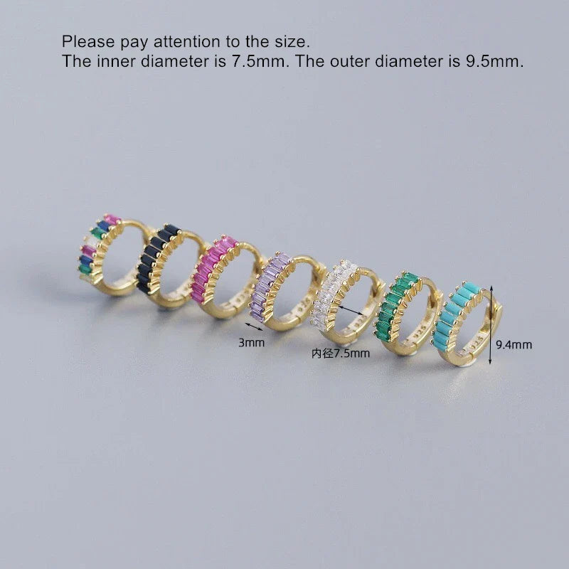 925 Sterling Silver Earring Fashion Rectangle Color Zircon Round Ear Ring Ear Bone Wild Trend Sweet Simple Women Girl Ear Jewelr