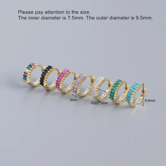 925 Sterling Silver Earring Fashion Rectangle Color Zircon Round Ear Ring Ear Bone Wild Trend Sweet Simple Women Girl Ear Jewelr