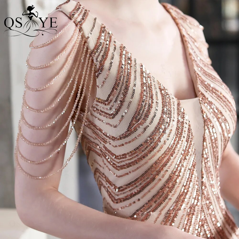 Evening wear Dresses: Golden Prom Dresses V Neck Mermaid Long Evening Dress