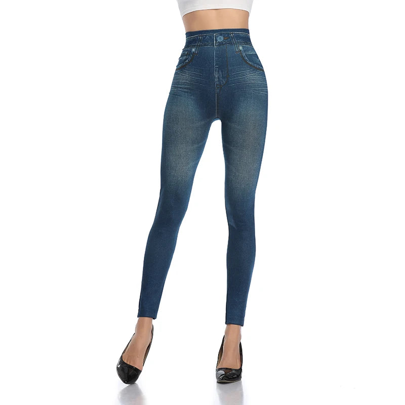 Push Up Seamless High Waist Faux Denim Leggings Women Casual Elastic Pocket Jeans