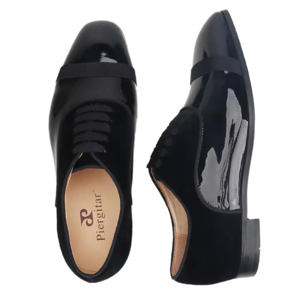Piergitar Patent Leather Stitching Velvet Men Derby Shoes