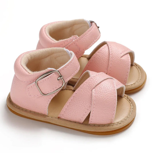 Baby Infant Girl Sandals Princess PU Pull Strap Flat Anti-Slip Rubber Sole