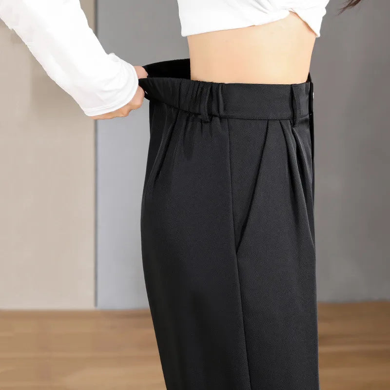 Women Chic Office Wear Straight Pants Vintage High  Ladies Trousers Baggy