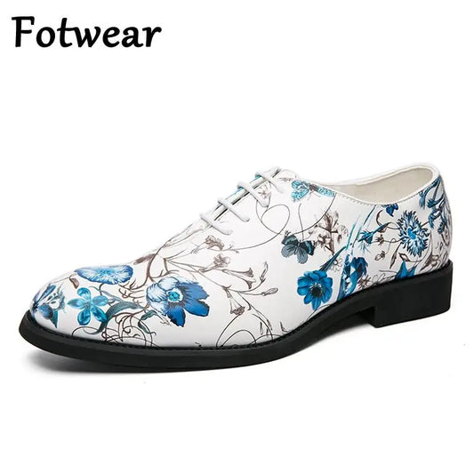 Wedding Dress Shoes Men Big Size 48 Lace Up Formal Shoes Pointed Toe Male Party Oxfords Sky Blue Floral Leather Zapatos Hombre