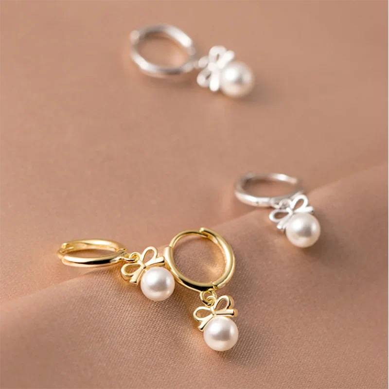 WANTME 925 Sterling Silver Cute Butterfly Synthetic Pearl Pendant Drop Earrings Fashion Charm Gold Plated Huggies Jewelry Women