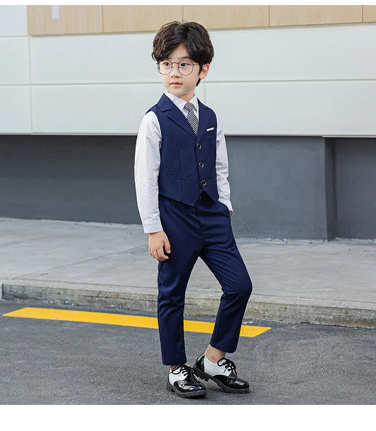 Boy Top Ring Bearer Waistcoat Clothes Set Kids Formal Suits Child Tie Long Sleeve Shirt Vest Trousers Toddler Gentleman Outfits