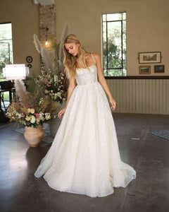 Wedding Dresses Boho Sweetheart Sequin Spaghetti Strap A-Line