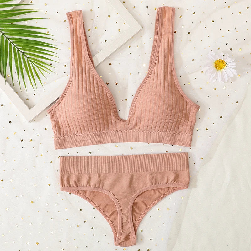 Seamless Underwear Set Women Sport Lingerie Set Wireless Deep V Bra