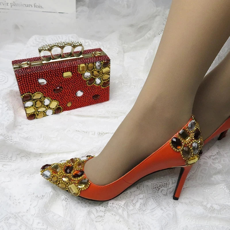 2024 New Ladies Orange Crystal Pointed Toe High Heels Women Wedding Shoes With Matching bags Girl‘s Party Dress Thin Heels