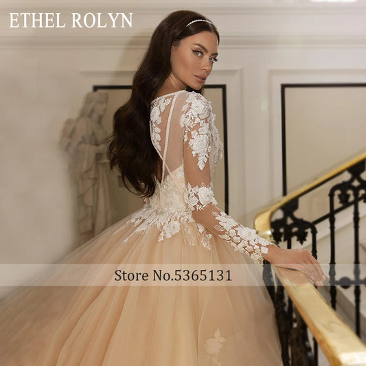 Wedding Dresses For Women Long Sleeve V-Neck Beading 3D Flowers