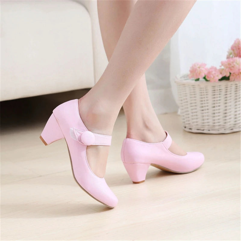 Casual Yellow Low Heeled Mary Janes Shoes Woman Fashion Comfortable Short Heel Pumps Buckle Nude Pink Party Wedding Shoes Ladies