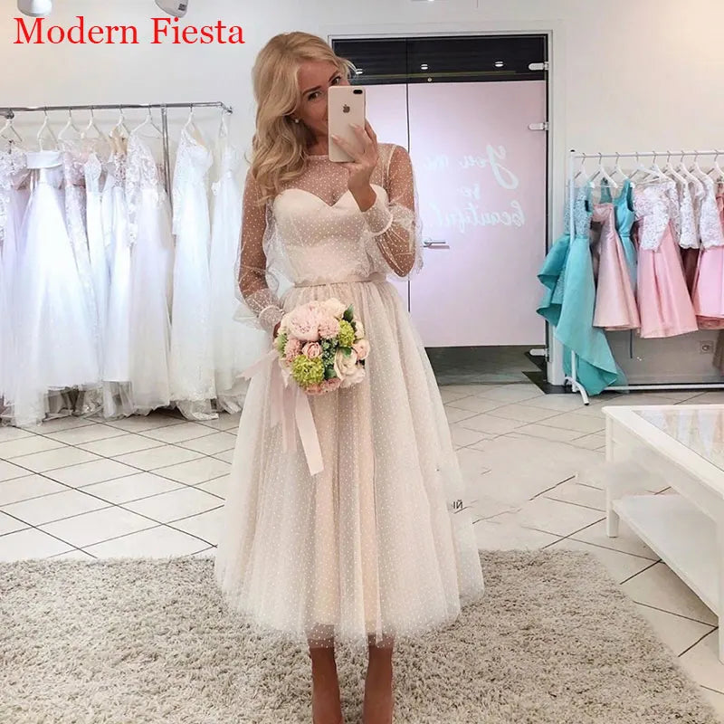 White Bridesmaid Dresses: Lace Point Long Sleeves Communion Dresses Evening Dress