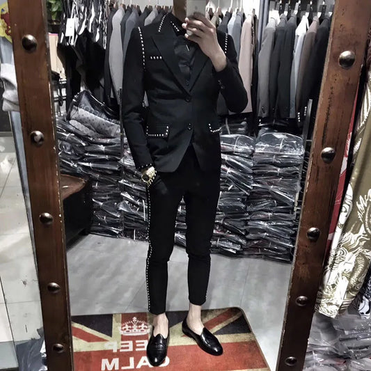 Slim Suit Two-piece Suit Nightclub Rivet Coat Smoking Homme Mariage