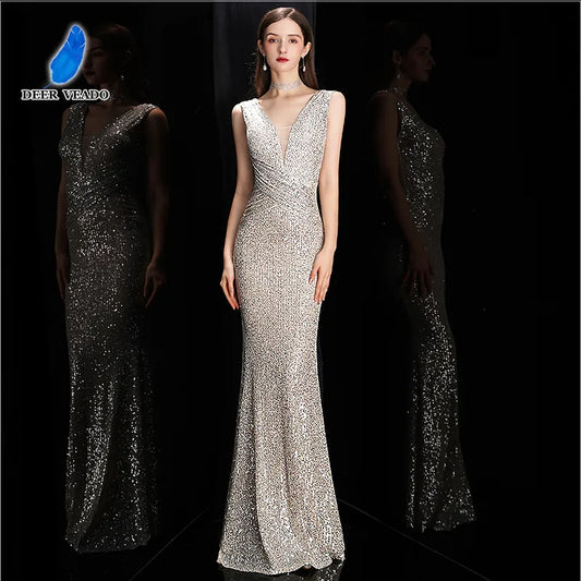 V Neck Sequin Evening Dress Long Women Mermaid Formal Dress Party Gown