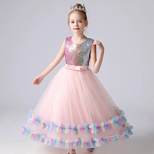 Girls Clothes Wedding Frock Gown Sequined Stitching Cake Mesh Skirt