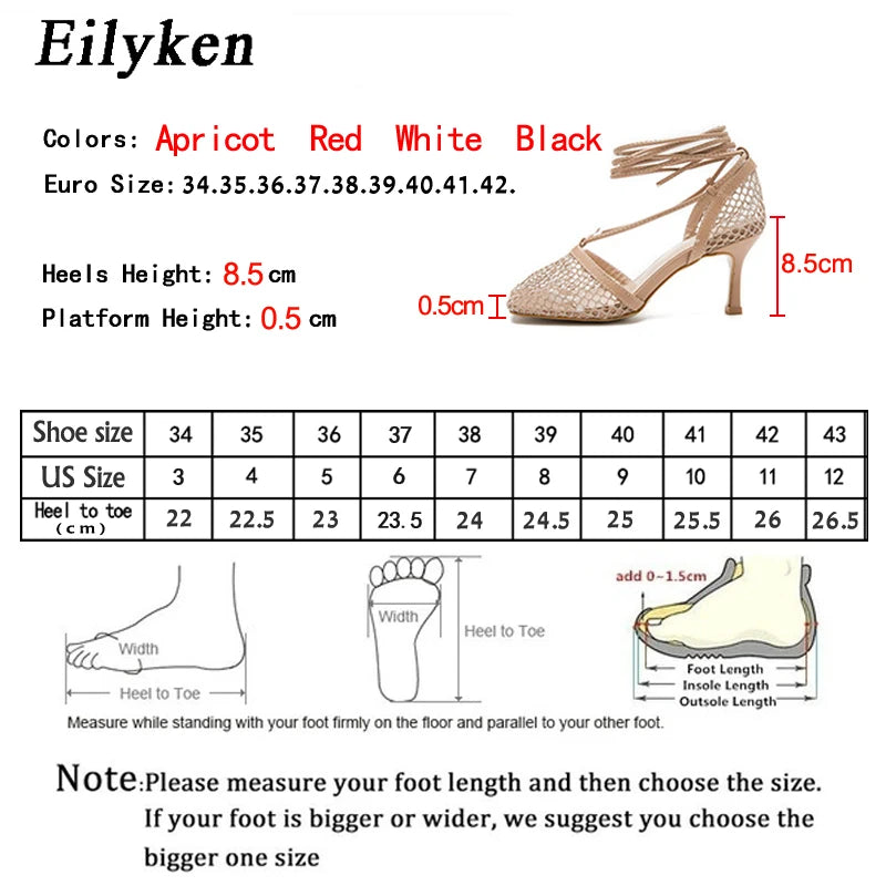 Eilyken Fashion Hollow Breathable Mesh Square Toe Stiletto High Heels Women Pumps Ankle Lace-Up Elegant Dress Ladies Shoes