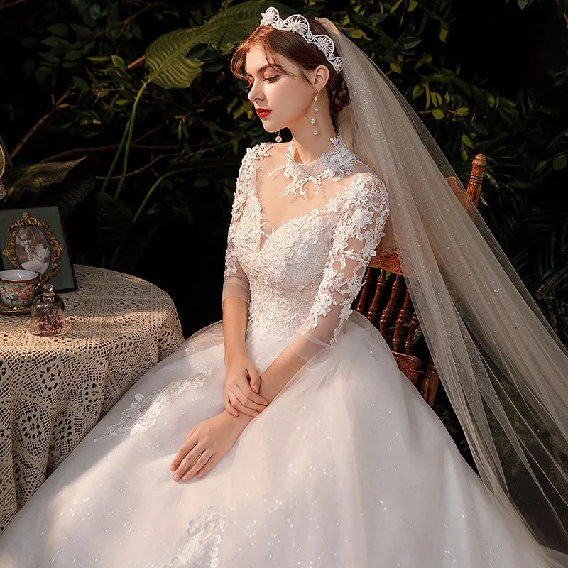 White Bridesmaid Dresses: Wedding Dress Three Quarter Sleeve High Neck