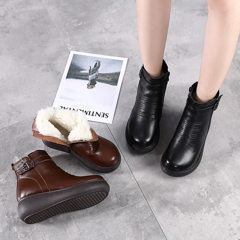 Waterproof Women Snow Boots 100% Genuine Leather Natural Wool Fur Platform