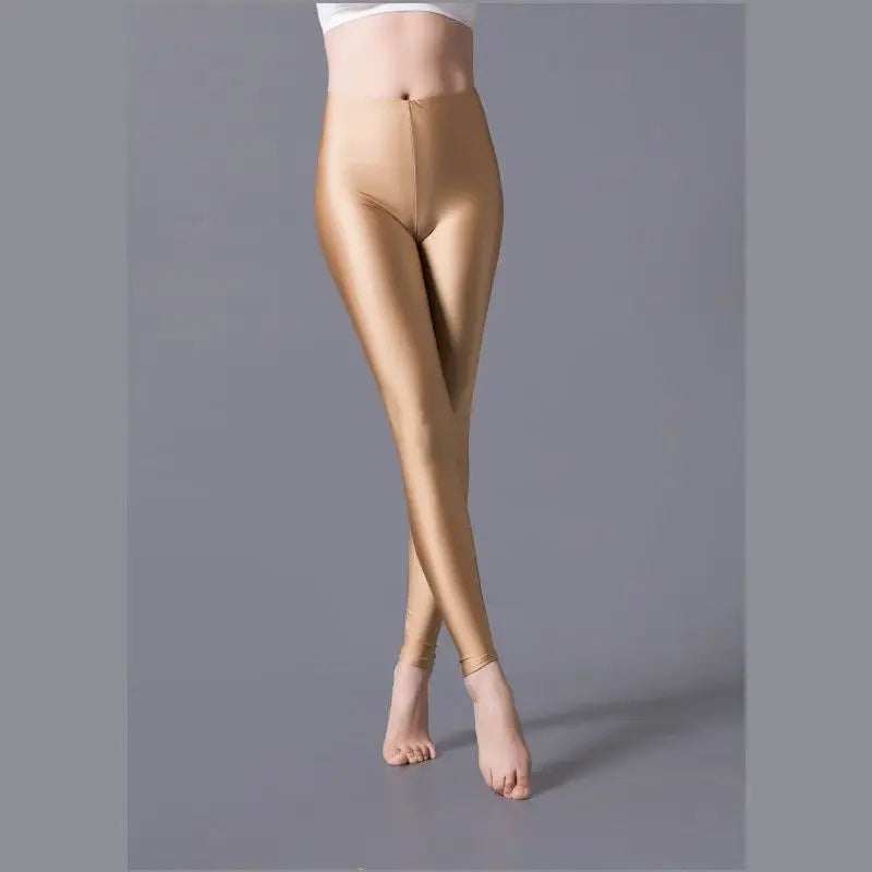 Women Shiny Pants Leggings Solid Color Fluorescent Spandex