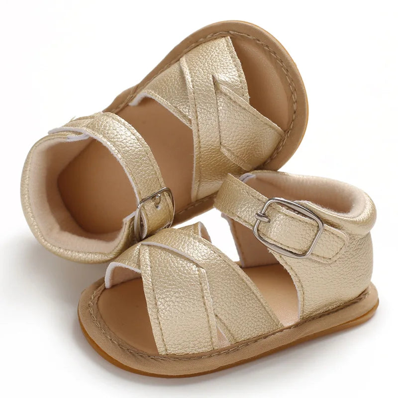 Baby Infant Girl Sandals Princess PU Pull Strap Flat Anti-Slip Rubber Sole