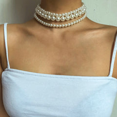 Multi-Layer White Imitation Pearl Necklace Bead  Chain Punk Ladies Wedding Short