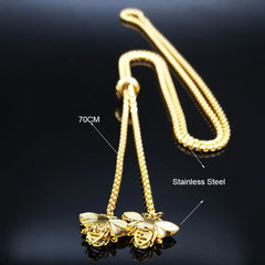 Fashion Bee Stainless Steel Long Necklace for Women Gold Color Statement Necklace