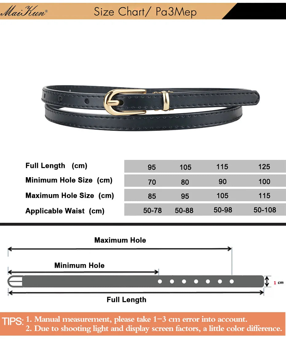 Maikun Women Belts Alloy Pin Buckle Genuine Leather Thin Belt Female Waistband for Jeans Dresses Pants