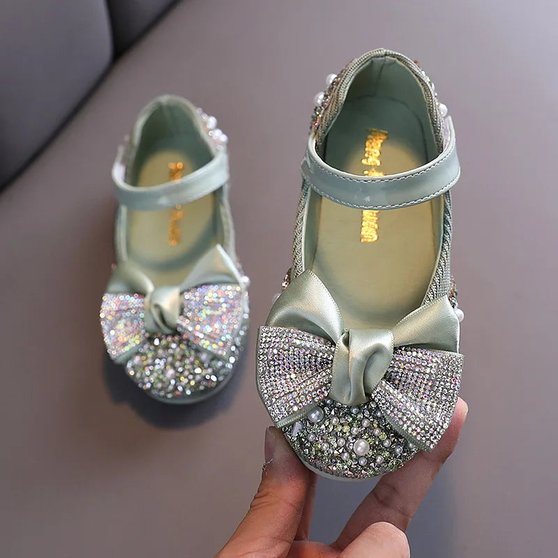 Children Leather Shoes Rhinestone Bow Princess Girls Party Dance Shoes Baby Student