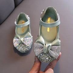 Children Leather Shoes Rhinestone Bow Princess Girls Party Dance Shoes Baby Student Flats Kids Performance Shoes D785