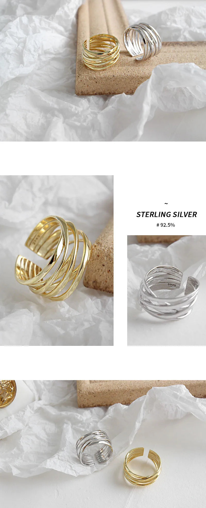 Silver Color  Rings Creative Multilayer Winding Line Geometric Handmade