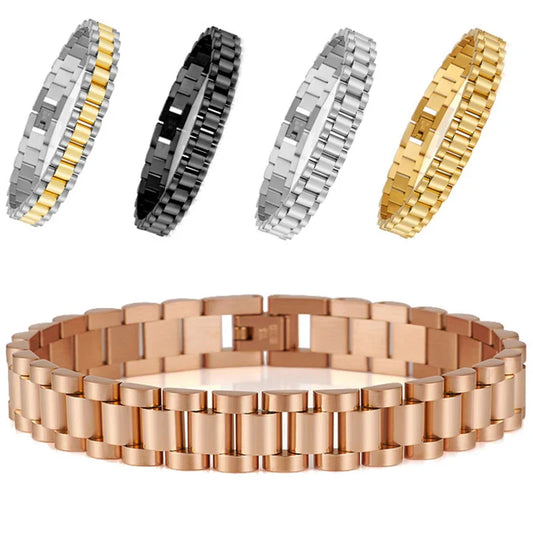 10MM Watchband Style Men's Bracelets For Women Man Ladies Gold Color Stainless Steel Mannen Armband Male Jewelry Accessories New