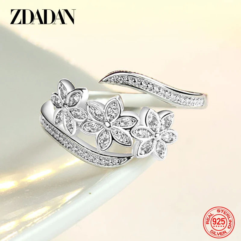 925 Sterling Silver Fashion Adjustable Open CZ Flowers Ring For Women