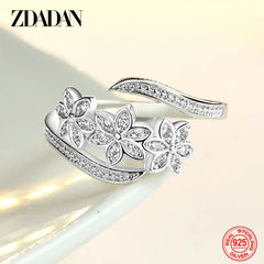 925 Sterling Silver Fashion Adjustable Open CZ Flowers Ring For Women