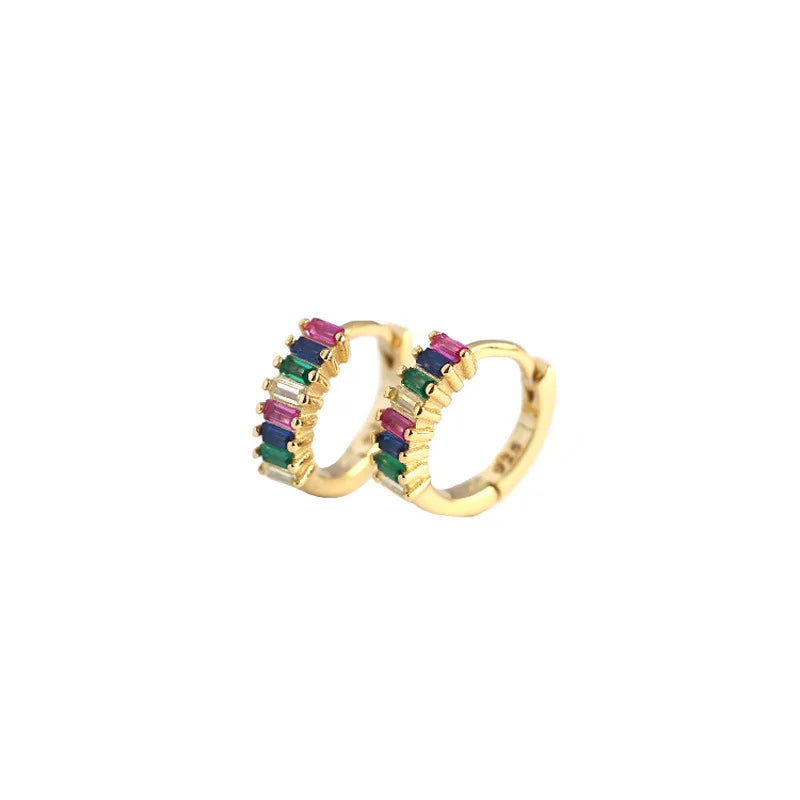 925 Sterling Silver Earring Fashion Rectangle Color Zircon Round Ear Ring Ear Bone Wild Trend Sweet Simple Women Girl Ear Jewelr