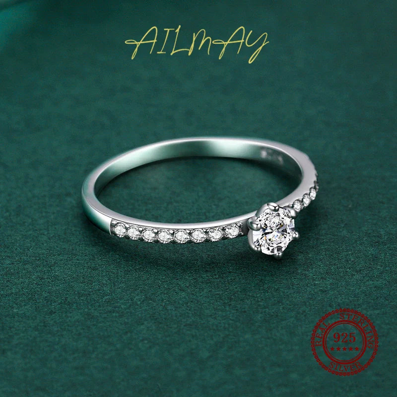 Ailmay Classic 925 Sterling Silver Sparkling Clear Zircon Golden Color Rings For Women Wedding Engagement Fine Female Jewelry
