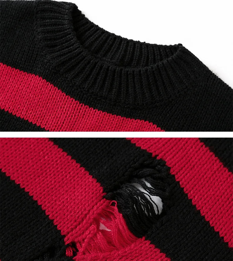 Black Stripe Sweaters Destroyed Ripped Sweater Men Pullover Hole Knit Jumpers Men
