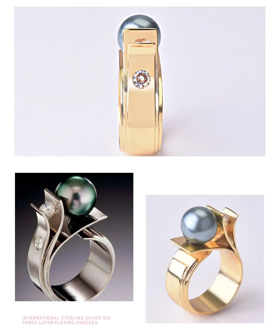 925 Sterling Silver Pearl Ring For Women 18k Gold Charm Finger Rings Party