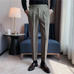 Business Casual Draped High-waist Trousers Men Solid Color Formal Pants Male