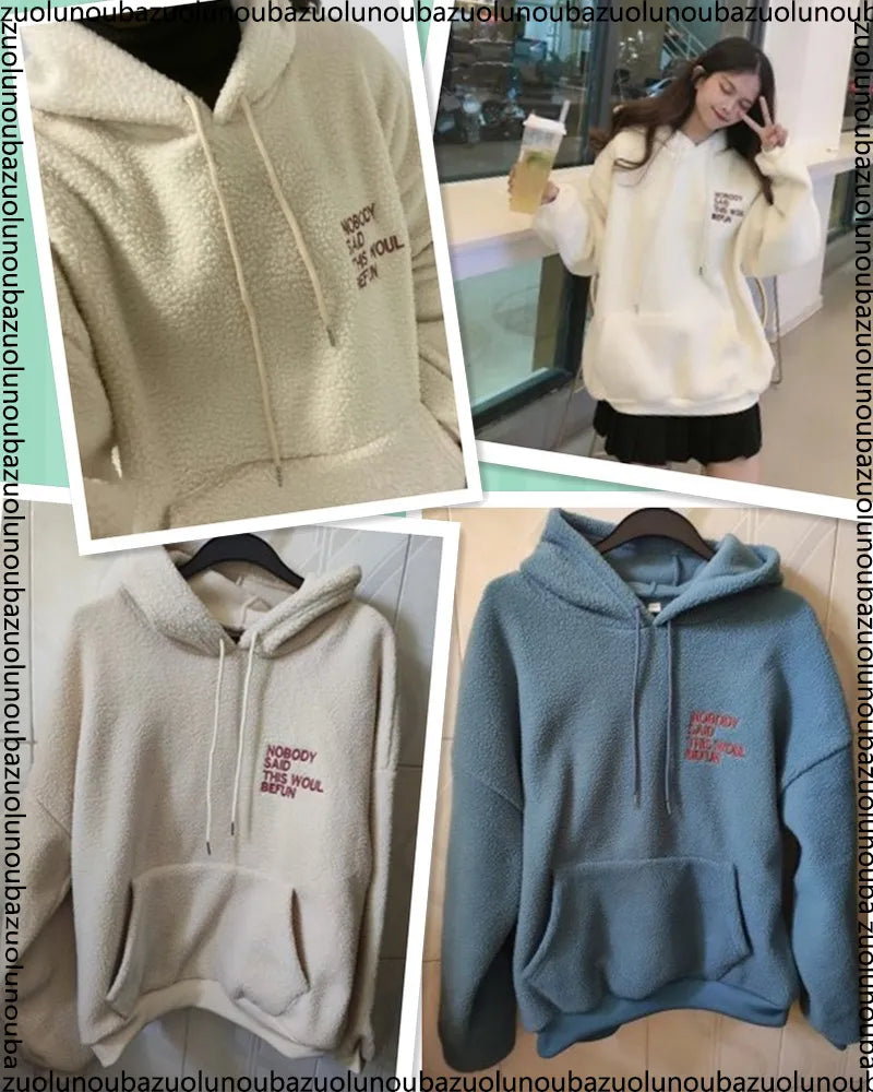 Thick Warm Coat Velvet Cashmere Women Hoody Sweatshirt Solid Blue Pullover