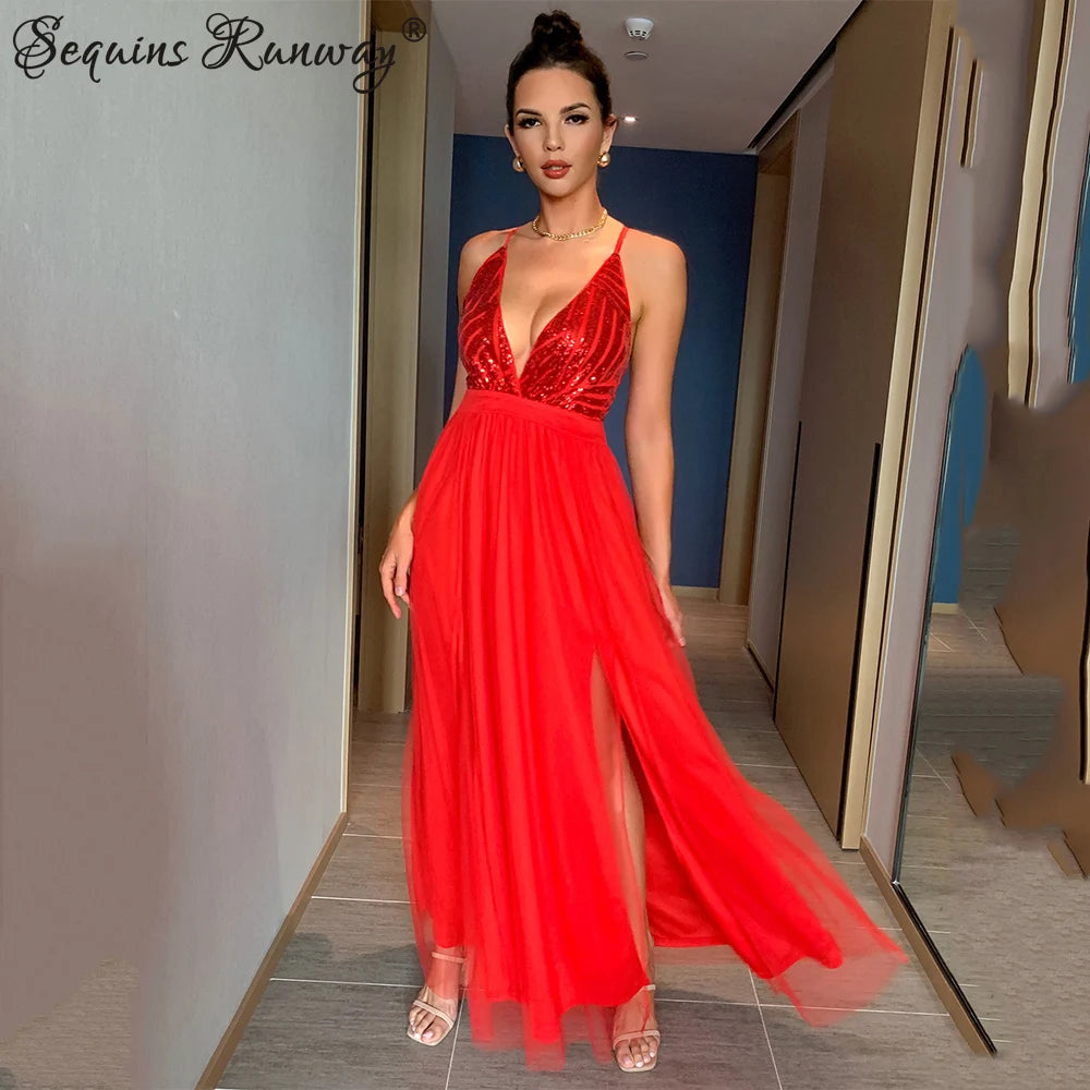 Evening wear Dresses: Backless slip Sequin corset maxi dress women mesh